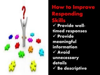 How to Improve 
Responding 
Skills 
 Provide well-timed 
responses 
 Provide 
meaningful 
information 
 Avoid 
unnecessary 
details 
 Be descriptive 
