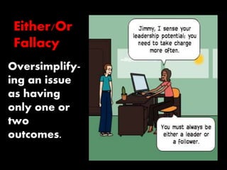 Either/Or 
Fallacy 
Oversimplify-ing 
an issue 
as having 
only one or 
two 
outcomes. 
 