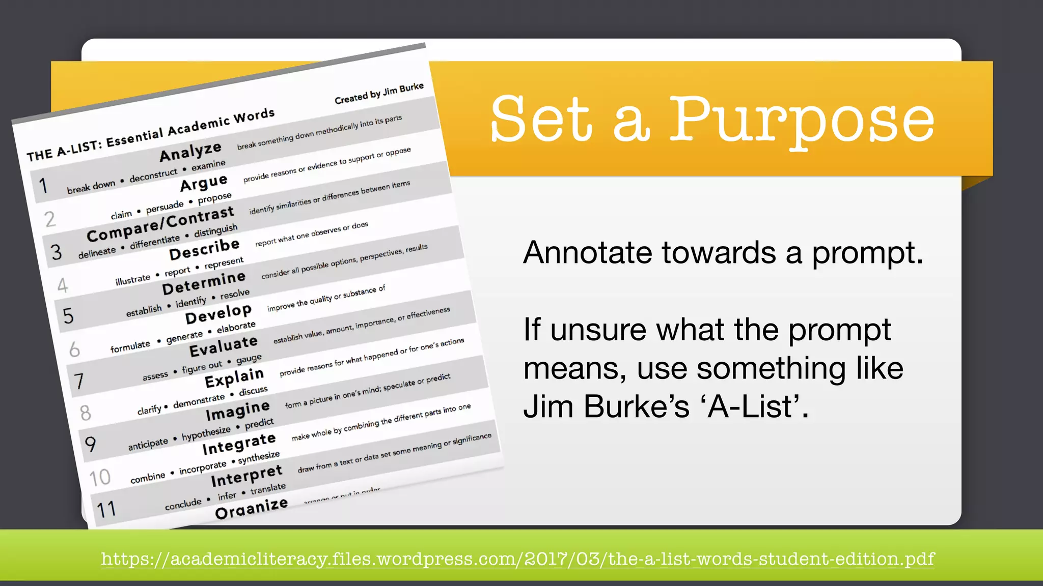 Set a Purpose
https://academicliteracy.files.wordpress.com/2017/03/the-a-list-words-student-edition.pdf
Annotate towards a prompt.

If unsure what the prompt
means, use something like
Jim Burke’s ‘A-List’.
 