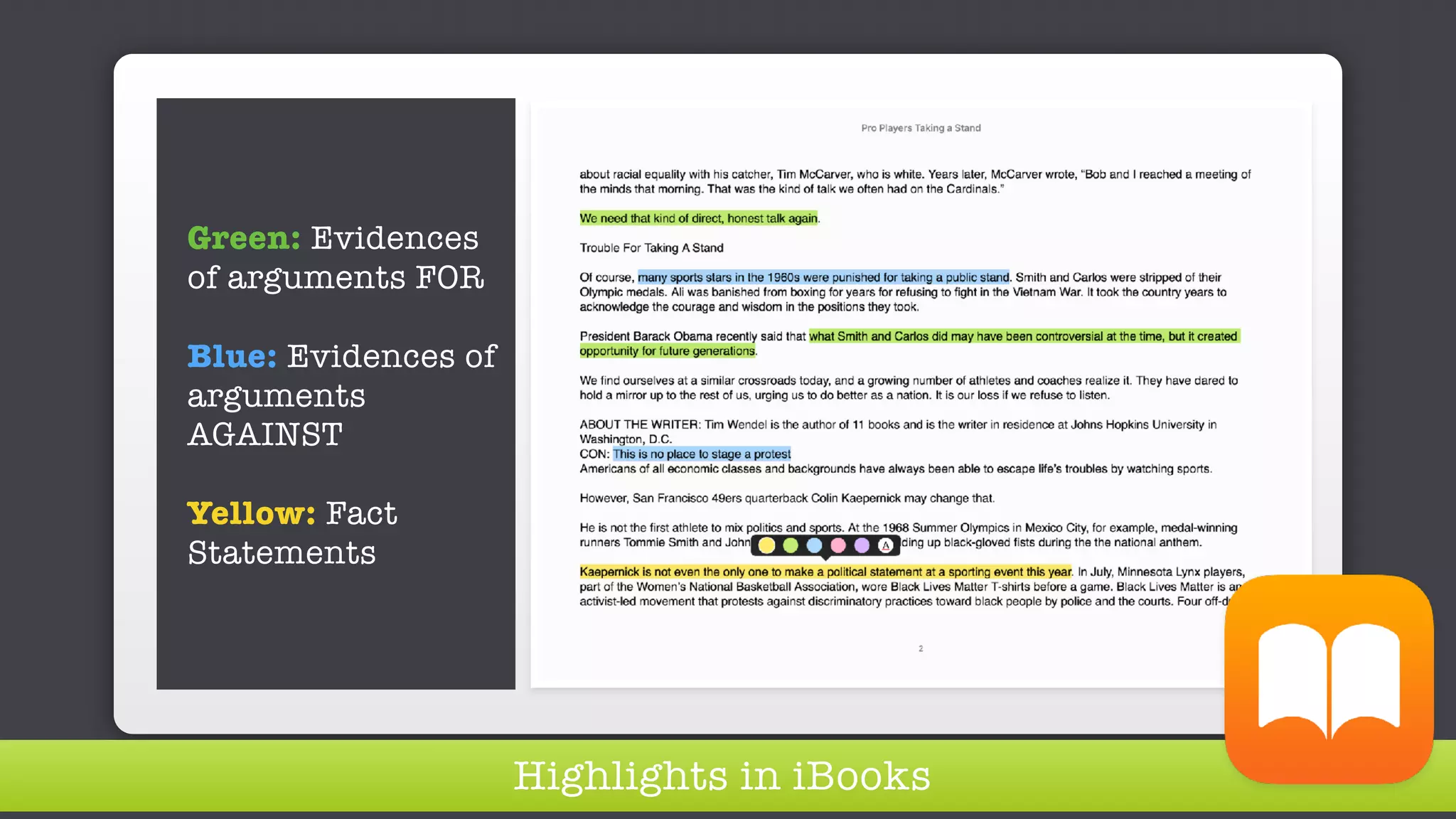 Green: Evidences
of arguments FOR
Blue: Evidences of
arguments
AGAINST
Yellow: Fact
Statements
Highlights in iBooks
 
