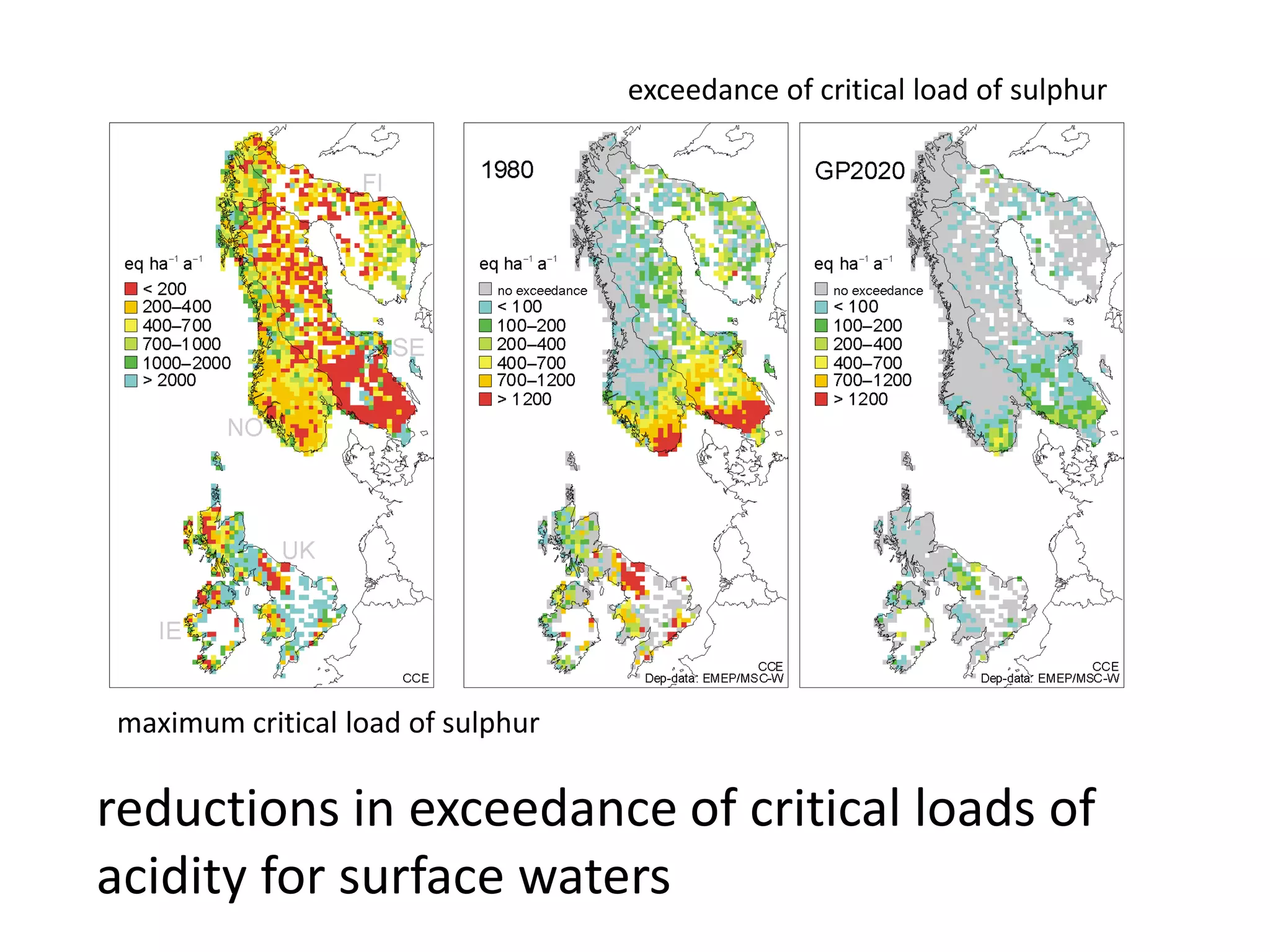maximum critical load of sulphur
exceedance of critical load of sulphur
reductions in exceedance of critical loads of
acidity for surface waters
 