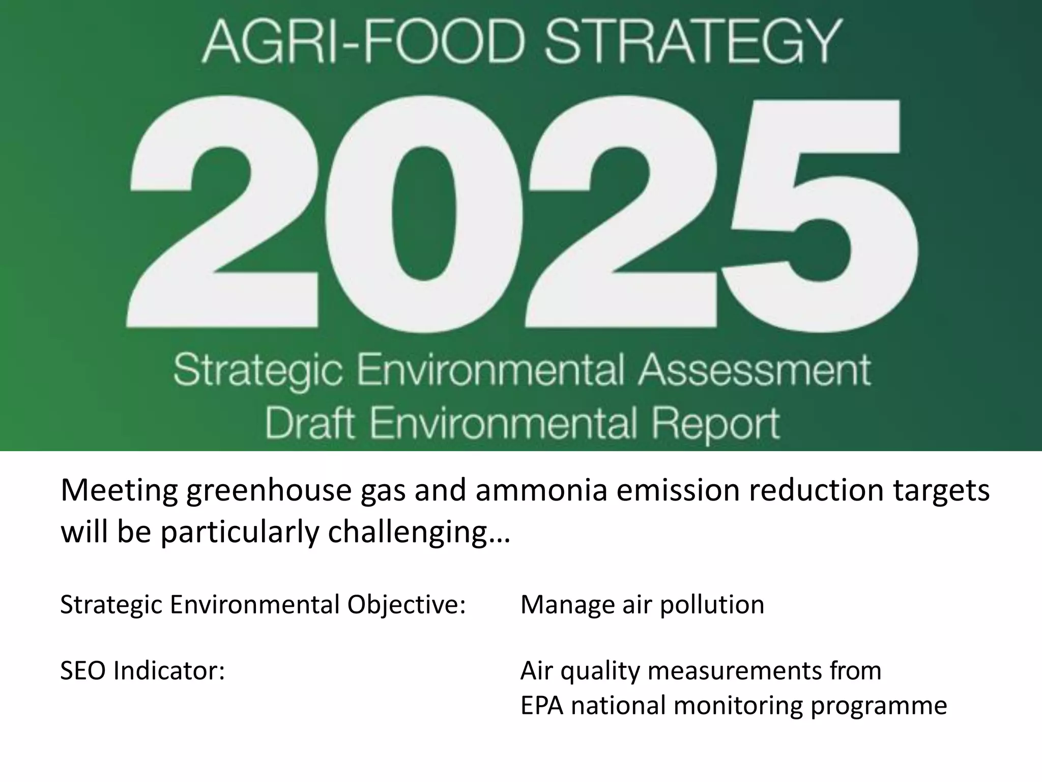Meeting greenhouse gas and ammonia emission reduction targets
will be particularly challenging…
Strategic Environmental Objective: Manage air pollution
SEO Indicator: Air quality measurements from
EPA national monitoring programme
 