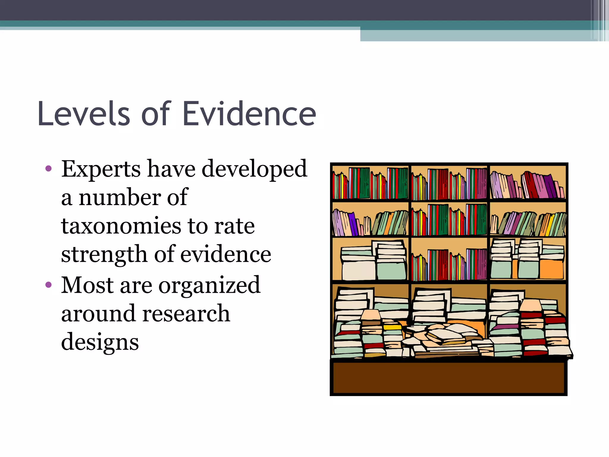 Levels of Evidence
• Experts have developed
  a number of
  taxonomies to rate
  strength of evidence
• Most are organized
  around research
  designs
 