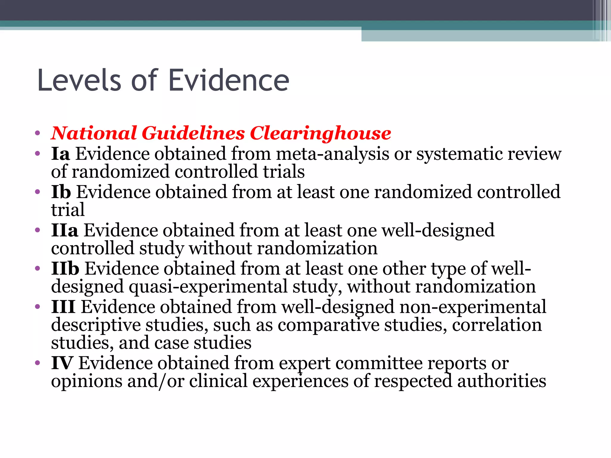 Levels of Evidence
• National Guidelines Clearinghouse
• Ia Evidence obtained from meta-analysis or systematic review
  of randomized controlled trials
• Ib Evidence obtained from at least one randomized controlled
  trial
• IIa Evidence obtained from at least one well-designed
  controlled study without randomization
• IIb Evidence obtained from at least one other type of well-
  designed quasi-experimental study, without randomization
• III Evidence obtained from well-designed non-experimental
  descriptive studies, such as comparative studies, correlation
  studies, and case studies
• IV Evidence obtained from expert committee reports or
  opinions and/or clinical experiences of respected authorities
 