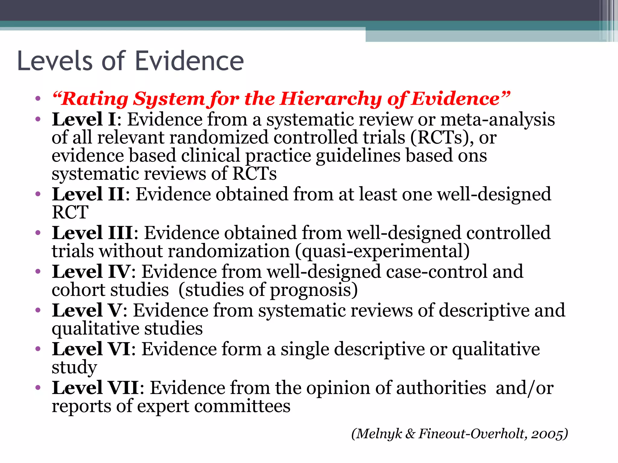 Levels of Evidence
 • “Rating System for the Hierarchy of Evidence”
 • Level I: Evidence from a systematic review or meta-analysis
   of all relevant randomized controlled trials (RCTs), or
   evidence based clinical practice guidelines based ons
   systematic reviews of RCTs
 • Level II: Evidence obtained from at least one well-designed
   RCT
 • Level III: Evidence obtained from well-designed controlled
   trials without randomization (quasi-experimental)
 • Level IV: Evidence from well-designed case-control and
   cohort studies (studies of prognosis)
 • Level V: Evidence from systematic reviews of descriptive and
   qualitative studies
 • Level VI: Evidence form a single descriptive or qualitative
   study
 • Level VII: Evidence from the opinion of authorities and/or
   reports of expert committees
                                     (Melnyk & Fineout-Overholt, 2005)
 