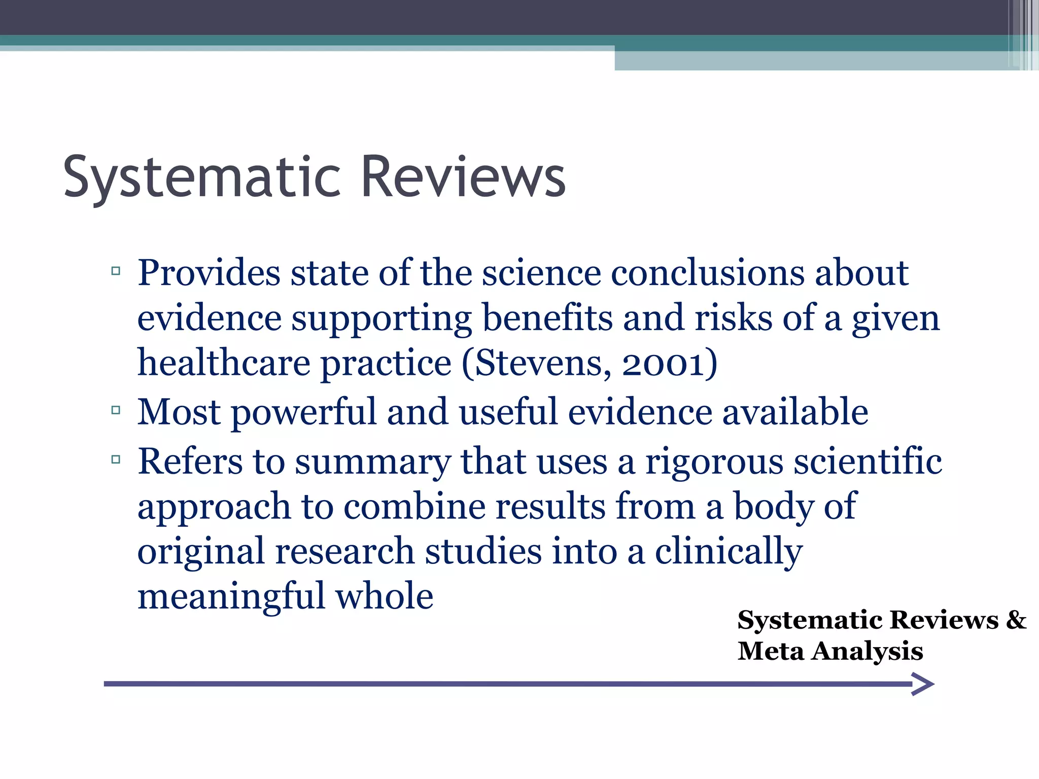 Systematic Reviews
 ▫ Provides state of the science conclusions about
   evidence supporting benefits and risks of a given
   healthcare practice (Stevens, 2001)
 ▫ Most powerful and useful evidence available
 ▫ Refers to summary that uses a rigorous scientific
   approach to combine results from a body of
   original research studies into a clinically
   meaningful whole
                                       Systematic Reviews &
                                       Meta Analysis
 
