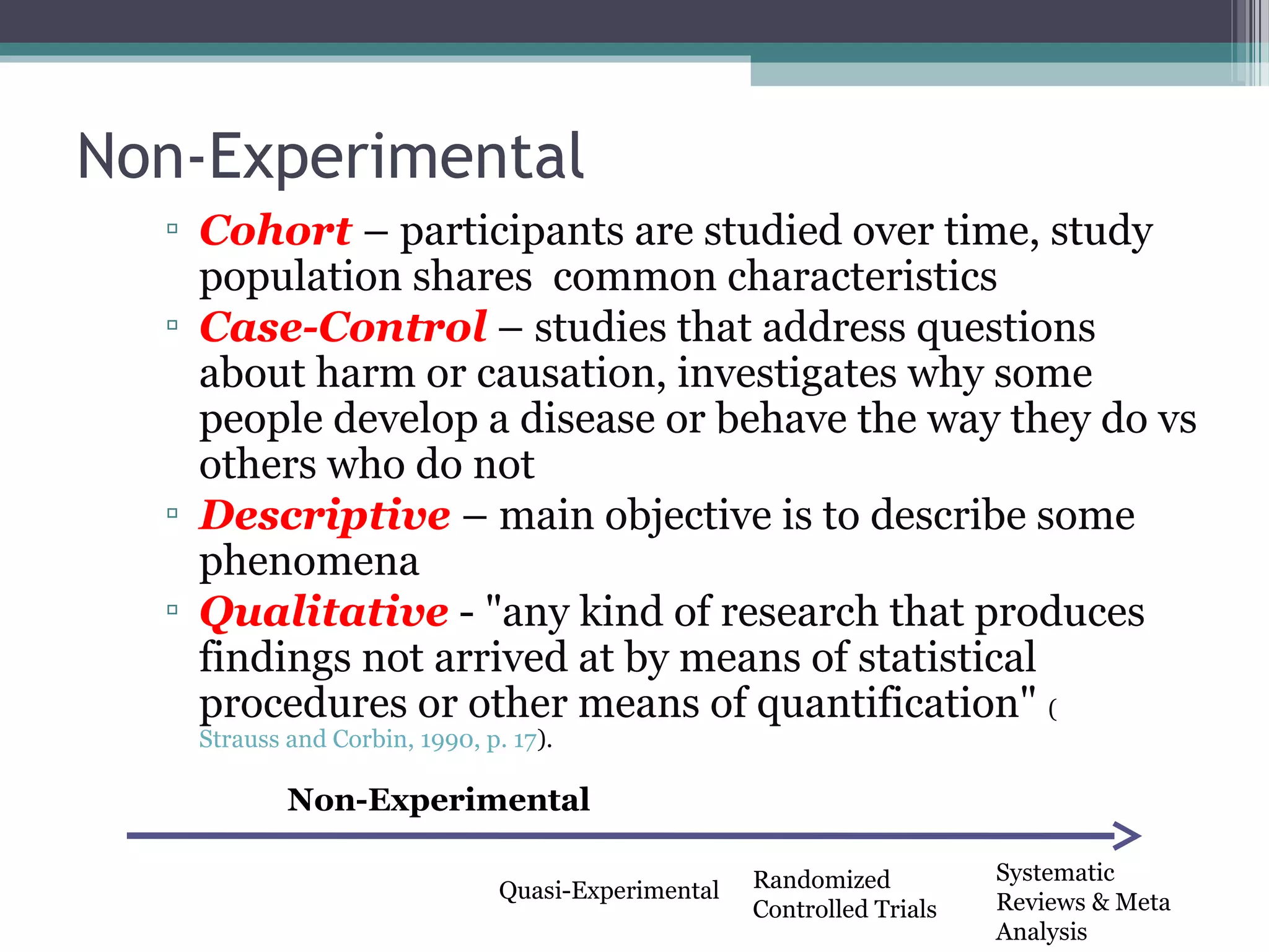 Non-Experimental
  ▫ Cohort – participants are studied over time, study
    population shares common characteristics
  ▫ Case-Control – studies that address questions
    about harm or causation, investigates why some
    people develop a disease or behave the way they do vs
    others who do not
  ▫ Descriptive – main objective is to describe some
    phenomena
  ▫ Qualitative - "any kind of research that produces
    findings not arrived at by means of statistical
    procedures or other means of quantification" (
   Strauss and Corbin, 1990, p. 17).

           Non-Experimental

                                                   Randomized          Systematic
                              Quasi-Experimental                       Reviews & Meta
                                                   Controlled Trials
                                                                       Analysis
 