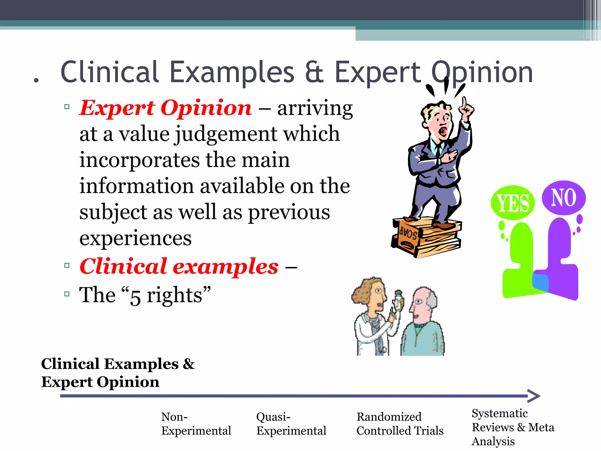 . Clinical Examples & Expert Opinion
  ▫ Expert Opinion – arriving
    at a value judgement which
    incorporates the main
    information available on the
    subject as well as previous
    experiences
  ▫ Clinical examples –
  ▫ The “5 rights”


Clinical Examples &
Expert Opinion

              Non-           Quasi-         Randomized          Systematic
              Experimental   Experimental   Controlled Trials   Reviews & Meta
                                                                Analysis
 