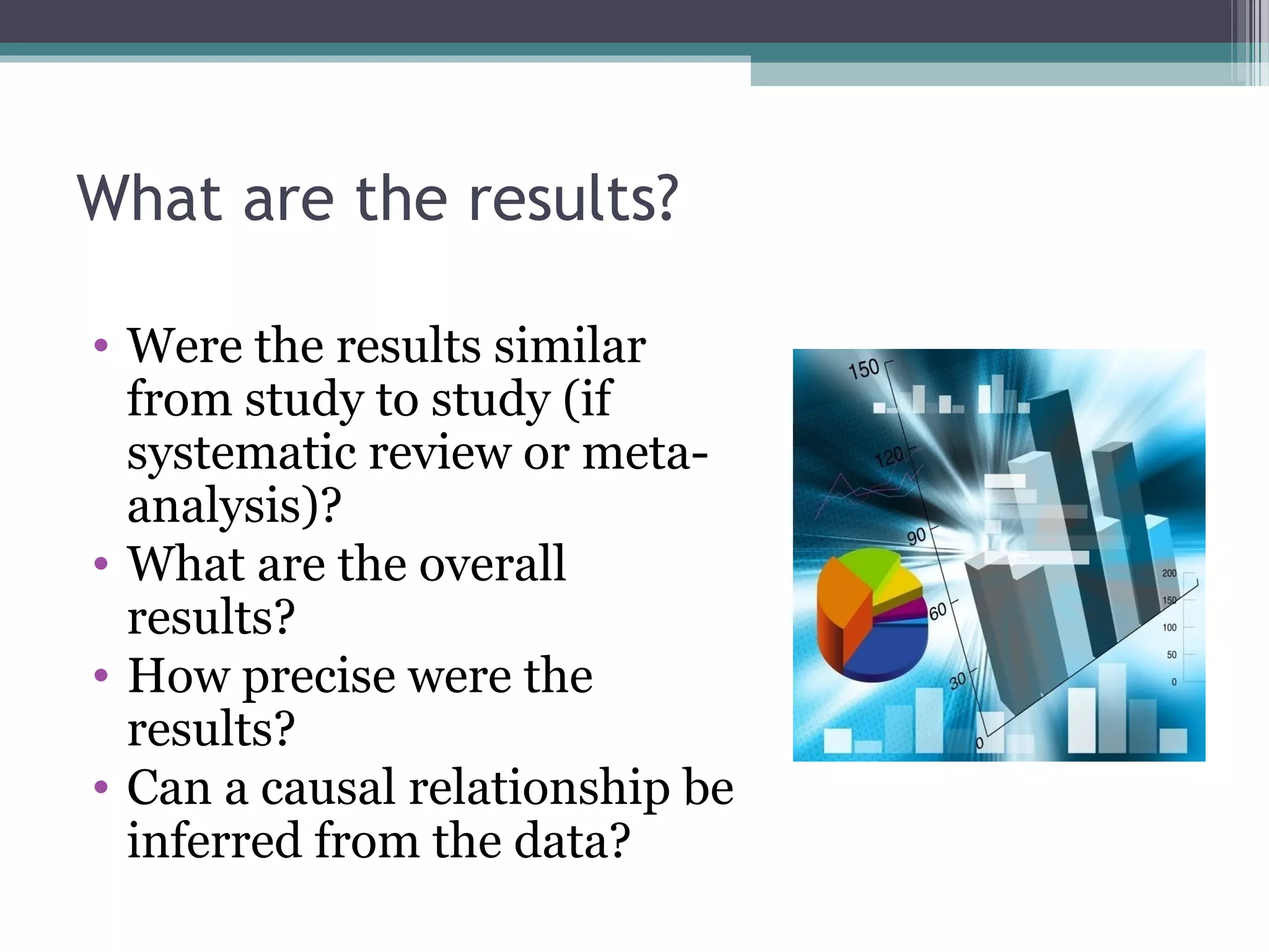 What are the results?

• Were the results similar
  from study to study (if
  systematic review or meta-
  analysis)?
• What are the overall
  results?
• How precise were the
  results?
• Can a causal relationship be
  inferred from the data?
 