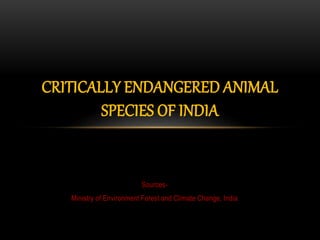 Sources-
Ministry of Environment Forest and Climate Change, India
CRITICALLY ENDANGERED ANIMAL
SPECIES OF INDIA
 