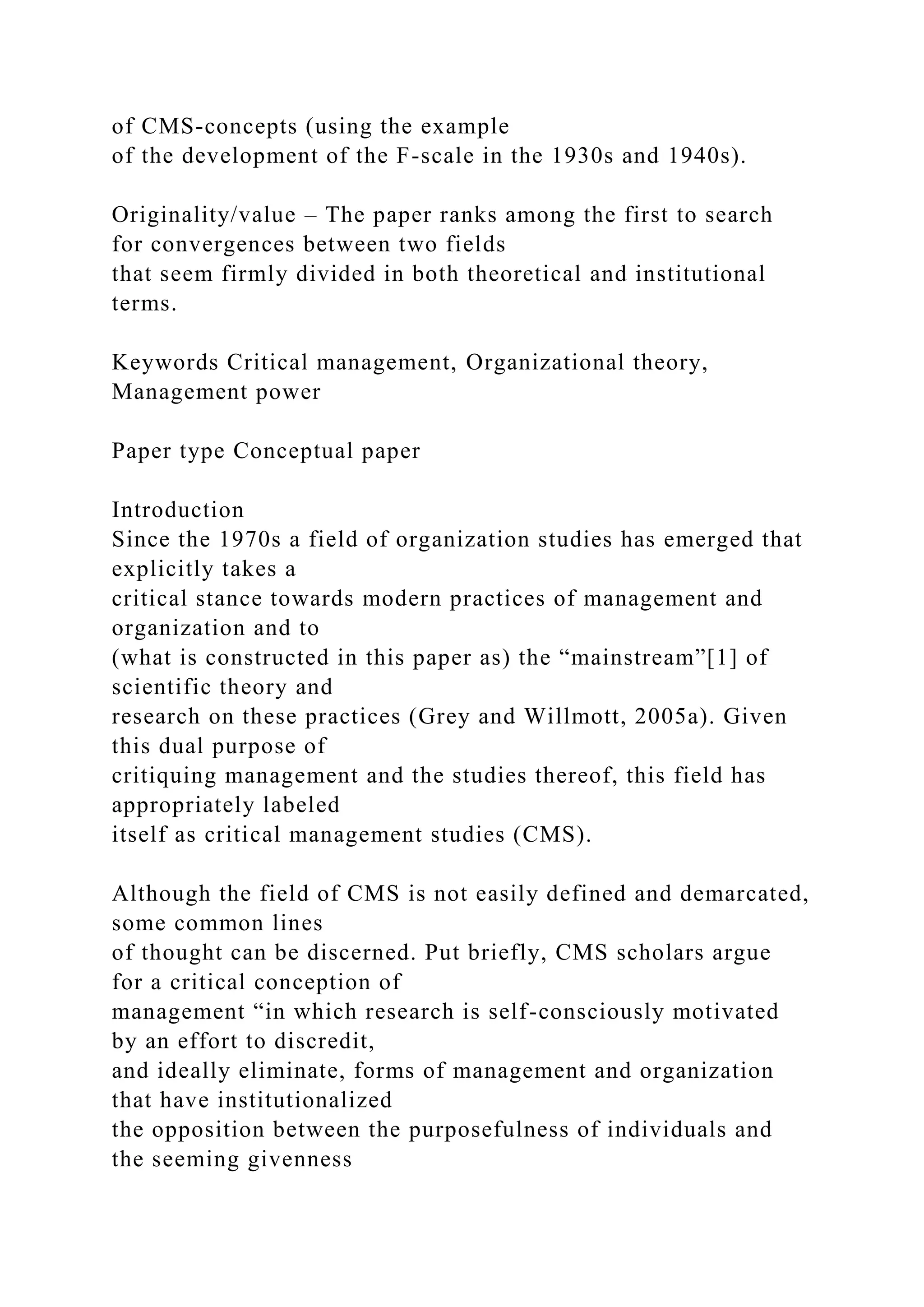 Critical Management Isues Example Critical management studiesand mainstream” organization.docx