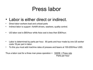 Press labor
• Labor is either direct or indirect.
•   Direct labor workers load and unload parts
•   Indirect labor is support –forklift drivers, washers, quality control.

•   US labor cost is $65/hour while Asia cost is less than $36/hour.



•   Labor is determined by parts per hour. 65 parts and hour made by one US worker
    costs 1$ per part in labor.
•   To this you must add machine rates of presses and lasers at 100-200/Hour USD.

Thus a labor cost for a three man press operation = 3X65$ + Press rate
                                                      Parts per hour
 
