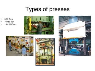 Types of presses
•   5-50 Tons
•   70-150 Ton
•   150-1200Ton
 