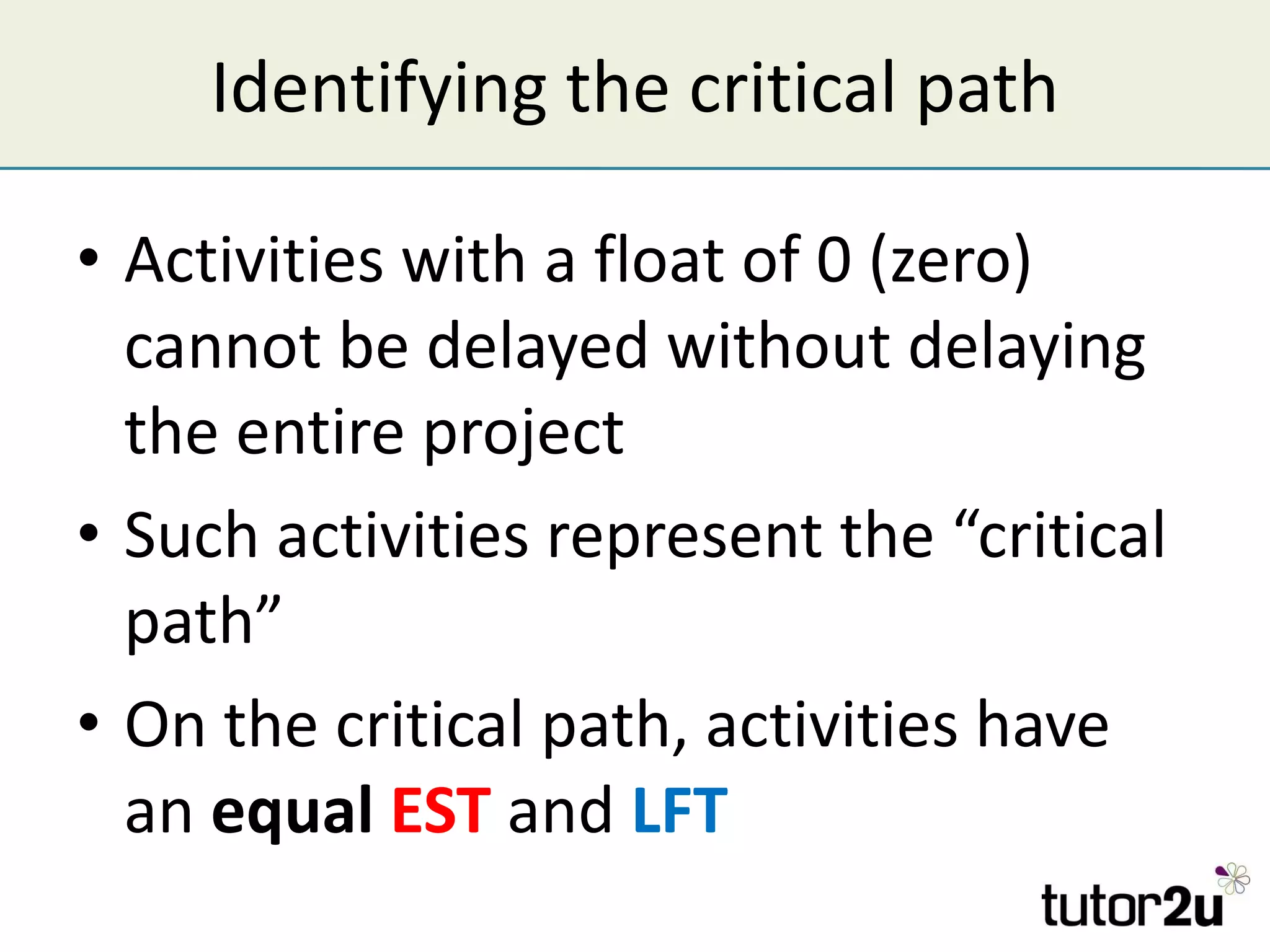 Identifying the critical path Activities with a float of 0 (zero) cannot be delayed without delaying the entire project Such activities represent the “critical path” On the critical path, activities have an  equal   EST  and  LFT 