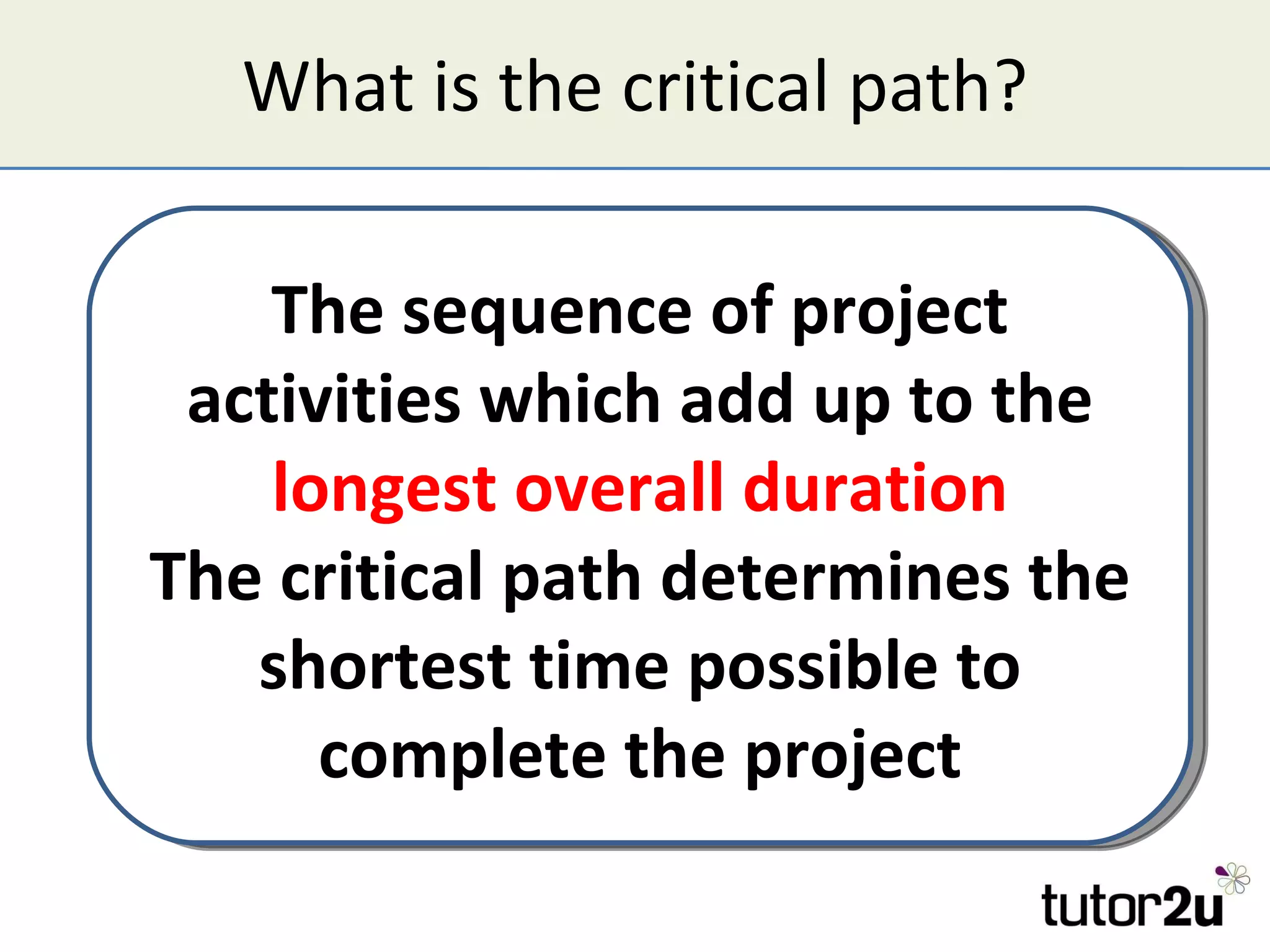 What is the critical path? The sequence of project activities which add up to the  longest overall duration The critical path determines the shortest time possible to complete the project 