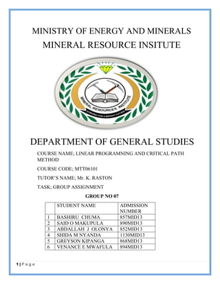 1 | P a g e
MINISTRY OF ENERGY AND MINERALS
MINERAL RESOURCE INSITUTE
DEPARTMENT OF GENERAL STUDIES
COURSE NAME; LINEAR PROGRAMNING AND CRITICAL PATH
METHOD
COURSE CODE; MTT06101
TUTOR’S NAME; Mr. K. RASTON
TASK; GROUP ASSIGNMENT
GROUP NO 07
STUDENT NAME ADMISSION
NUMBER
1 BASHIRU CHUMA 857MID13
2 SAID O MAKUPULA 890MID13
3 ABDALLAH J OLONYA 852MID13
4 SHIDA M NYANDA 1130MID13
5 GREYSON KIPANGA 868MID13
6 VENANCE E MWAFULA 894MID13
 