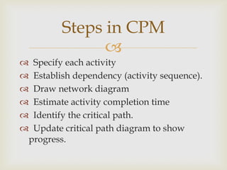 
 Specify each activity
 Establish dependency (activity sequence).
 Draw network diagram
 Estimate activity completion time
 Identify the critical path.
 Update critical path diagram to show
progress.
Steps in CPM
 