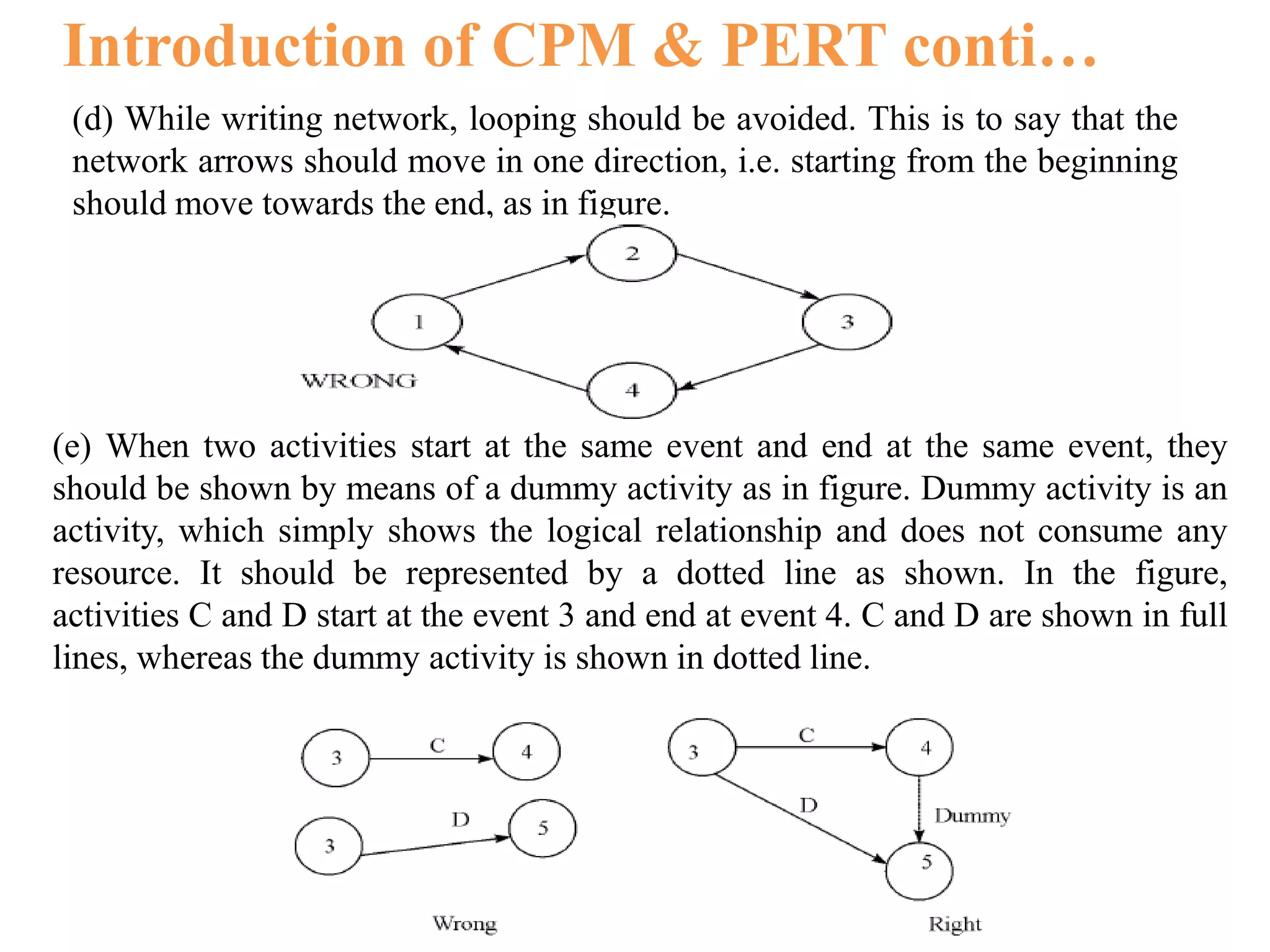 Introduction of CPM & PERT conti…
(d) While writing network, looping should be avoided. This is to say that the
network arrows should move in one direction, i.e. starting from the beginning
should move towards the end, as in figure.
(e) When two activities start at the same event and end at the same event, they
should be shown by means of a dummy activity as in figure. Dummy activity is an
activity, which simply shows the logical relationship and does not consume any
resource. It should be represented by a dotted line as shown. In the figure,
activities C and D start at the event 3 and end at event 4. C and D are shown in full
lines, whereas the dummy activity is shown in dotted line.
 
