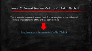 More Information on Critical Path Method
This is a useful video which sums the information given in the slides and
will aid understanding of the critical path method

http://www.youtube.com/watch?v=SF53ZZsP4ik

 