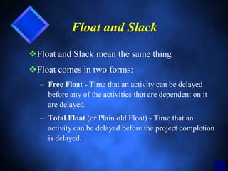 1212
Float and Slack
Float and Slack mean the same thing
Float comes in two forms:
 Free Float - Time that an activity can be delayed
before any of the activities that are dependent on it
are delayed.
 Total Float (or Plain old Float) - Time that an
activity can be delayed before the project completion
is delayed.
10
 