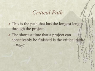 Critical PathThis is the path that has the longest length through the project.The shortest time that a project can conceivably be finished is the critical path.Why?