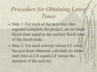 Procedure for Obtaining Latest TimesStep 1: For each of the activities that together complete the project, set its latest finish time equal to the earliest finish time of the finish node.Step 2: For each activity whose LF value has just been obtained, calculate its latest start time as LS equals LF minus the duration of the activity.