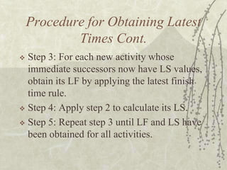 Procedure for Obtaining Latest Times Cont.Step 3: For each new activity whose immediate successors now have LS values, obtain its LF by applying the latest finish time rule.Step 4: Apply step 2 to calculate its LS.Step 5: Repeat step 3 until LF and LS have been obtained for all activities.