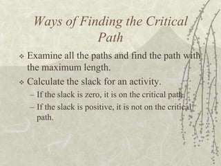 Ways of Finding the Critical PathExamine all the paths and find the path with the maximum length.Calculate the slack for an activity.If the slack is zero, it is on the critical path.If the slack is positive, it is not on the critical path.