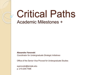 Critical Paths
Academic Milestones +
Alexandra Yanovski
Coordinator for Undergraduate Strategic Initiatives
Office of the Senior Vice Provost for Undergraduate Studies
ayanovski@temple.edu
p: 215-204-7596
 
