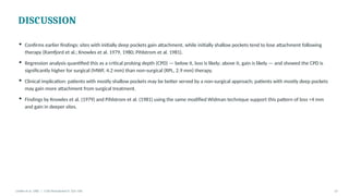 DISCUSSION
▪ Confirms earlier findings: sites with initially deep pockets gain attachment, while initially shallow pockets tend to lose attachment following
therapy (Ramfjord et al.; Knowles et al. 1979, 1980; Pihlstrom et al. 1981).
▪ Regression analysis quantified this as a critical probing depth (CPD) — below it, loss is likely; above it, gain is likely — and showed the CPD is
significantly higher for surgical (MWF, 4.2 mm) than non-surgical (RPL, 2.9 mm) therapy.
▪ Clinical implication: patients with mostly shallow pockets may be better served by a non-surgical approach; patients with mostly deep pockets
may gain more attachment from surgical treatment.
▪ Findings by Knowles et al. (1979) and Pihlstrom et al. (1981) using the same modified Widman technique support this pattern of loss <4 mm
and gain in deeper sites.
Lindhe et al. 1982 | J Clin Periodontol 9: 323–336 13
 