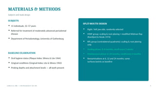MATERIALS & METHODS
Subjects and study design
SUBJECTS
▪ 15 individuals, 32–57 years
▪ Referred for treatment of moderately advanced periodontal
disease
▪ Department of Periodontology, University of Gothenburg
BASELINE EXAMINATION
▪ Oral hygiene status (Plaque Index; Silness & Löe 1964)
▪ Gingival conditions (Gingival Index; Löe & Silness 1963)
▪ Probing depths and attachment levels — all teeth present
SPLIT-MOUTH DESIGN
▪ Right / left jaw side, randomly selected
▪ MWF group: scaling & root planing + modified Widman flap
(Ramfjord & Nissle 1974)
▪ RPL group (contralateral quadrants): scaling & root planing
only
▪ Healing phase: 0–6 months, recall every 2 weeks
▪ Maintenance phase: 6–24 months, recall every 3 months
▪ Reexaminations at 6, 12 and 24 months; same
surfaces/points as baseline
Lindhe et al. 1982 | J Clin Periodontol 9: 323–336 6
 