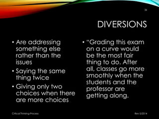 DIVERSIONS
• Are addressing
something else
rather than the
issues
• Saying the same
thing twice
• Giving only two
choices when there
are more choices
• “Grading this exam
on a curve would
be the most fair
thing to do. After
all, classes go more
smoothly when the
students and the
professor are
getting along.
Rev 5/2014Critical Thinking-Process
36
 