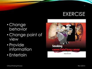EXERCISE
• Change
behavior
• Change point of
view
• Provide
information
• Entertain
Rev 5/2014Critical Thinking-Process
7
 