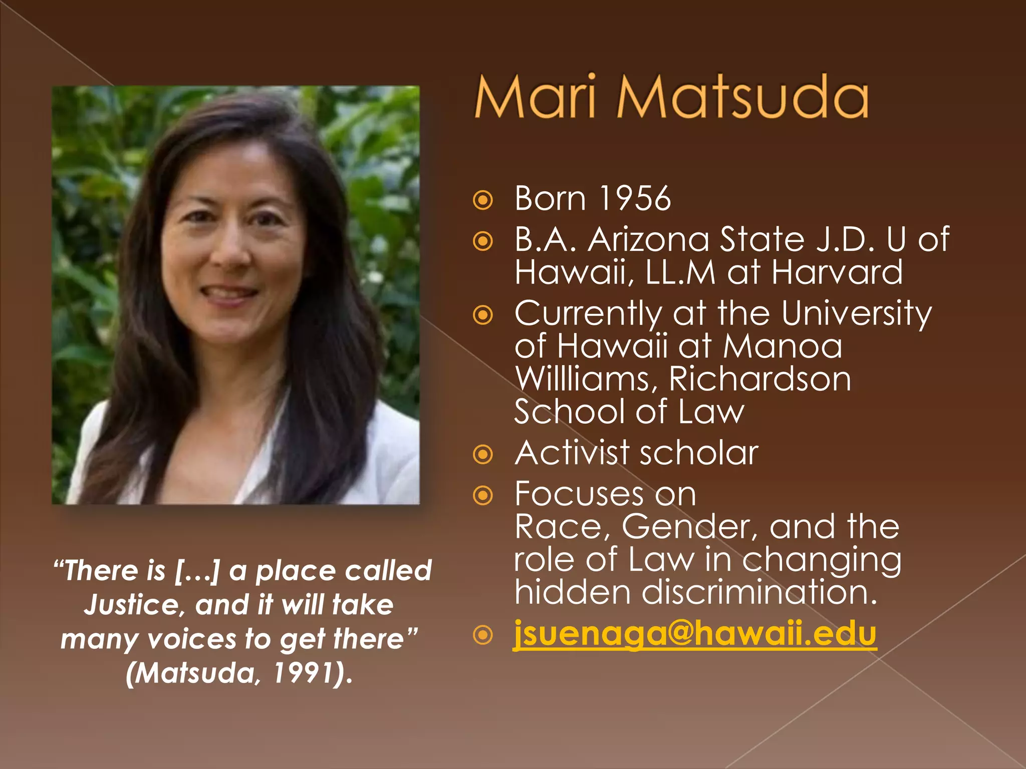 Derrick A. Bell, Jr.Born 19301952 A.B. Duquesne University1959 LL.B. University of Pittsburg School of Law 1971 First Black Tenured professor at Harvard LawPositions held, Stanford, Dean of University of Oregon Law School. Currently at New York University after resigning from Harvard. Publications focus on the failures of Brown V Board to bring about racial equality continues to question whether black social progress can through legal findings.derrick.bell@nyu.edu“Even well-intentioned andcarefully drawn standards might hinder rather thanfacilitate the always difficulttask of achieving social change through legal action” (Bell, 1995).
