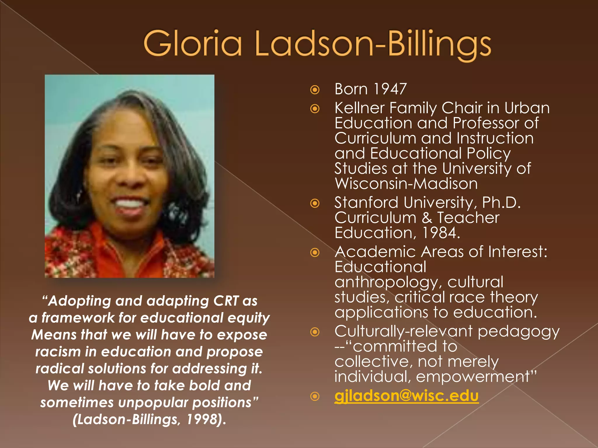 Mari MatsudaBorn 1956B.A. Arizona State J.D. U of Hawaii, LL.M at HarvardCurrently at the University of Hawaii at ManoaWillliams, Richardson School of LawActivist scholarFocuses on Race, Gender, and the role of Law in changing hidden discrimination.jsuenaga@hawaii.edu“There is […] a place called Justice, and it will take many voices to get there” (Matsuda, 1991).