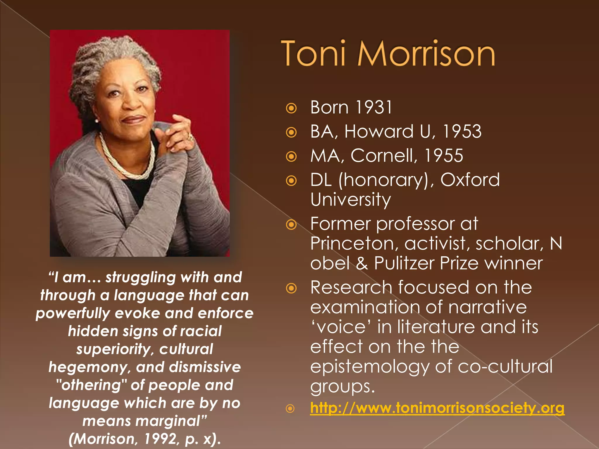 Gloria Ladson-BillingsBorn 1947Kellner Family Chair in Urban Education and Professor of Curriculum and Instruction and Educational Policy Studies at the University of Wisconsin-MadisonStanford University, Ph.D. Curriculum & Teacher Education, 1984.Academic Areas of Interest: Educational anthropology, cultural studies, critical race theory applications to education. Culturally-relevant pedagogy --“committed to collective, not merely individual, empowerment”gjladson@wisc.edu “Adopting and adapting CRT asa framework for educational equity Means that we will have to expose  racism in education and propose radical solutions for addressing it.  We will have to take bold and sometimes unpopular positions” (Ladson-Billings, 1998).