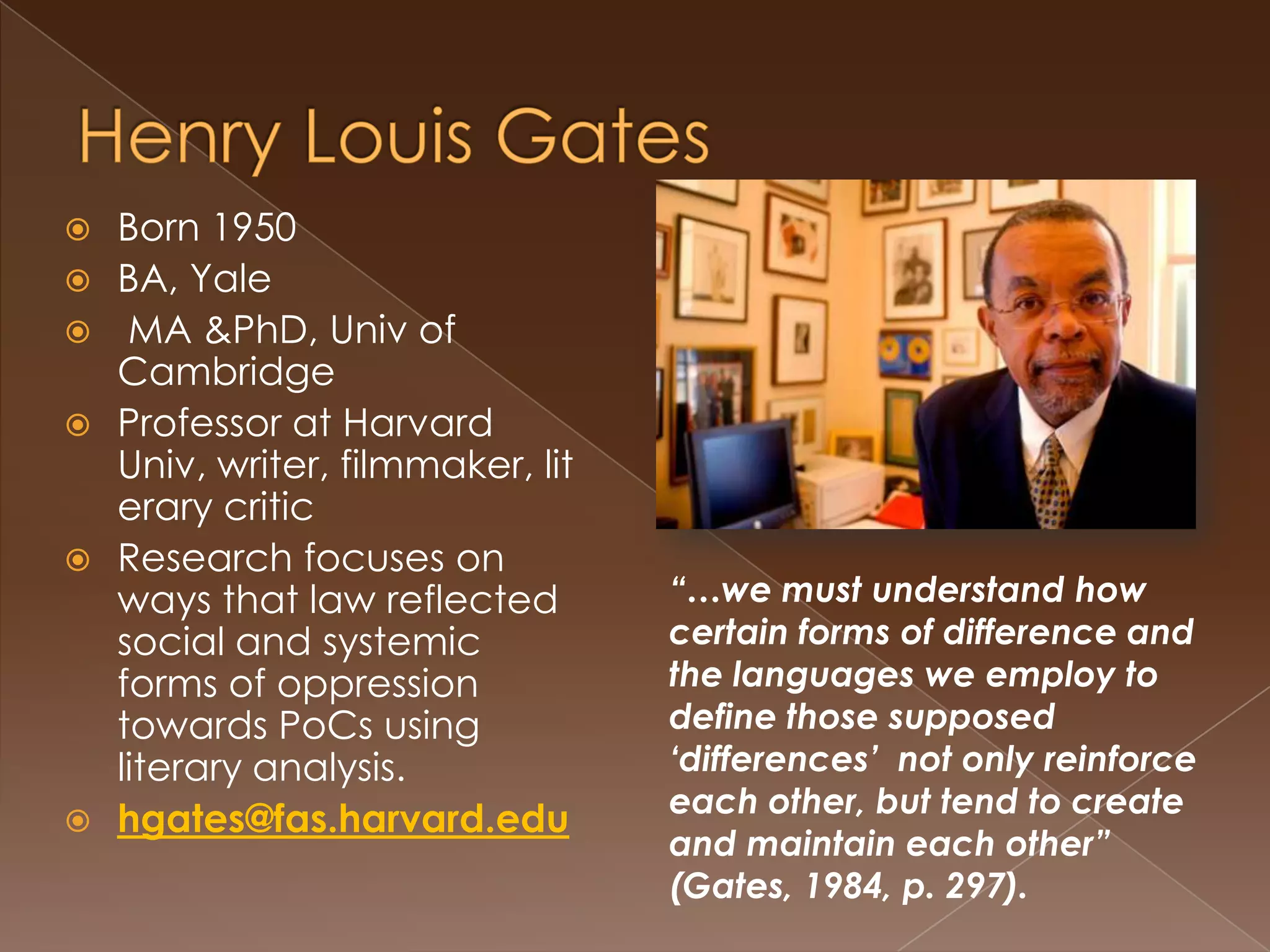 Tara YossoPh.D in Education from the University of California, Los Angeles.Currently Associate Professor in the Department of Chicana and Chicano Studies at the University of California, Santa Barbara.Research focuses on the role of race, gender, class, immigration status, language and accent play in creating equity in education.www.tarayosso.com“Counterstories teach us that construction of another world--a socially and racially just world--is possible” (from website).