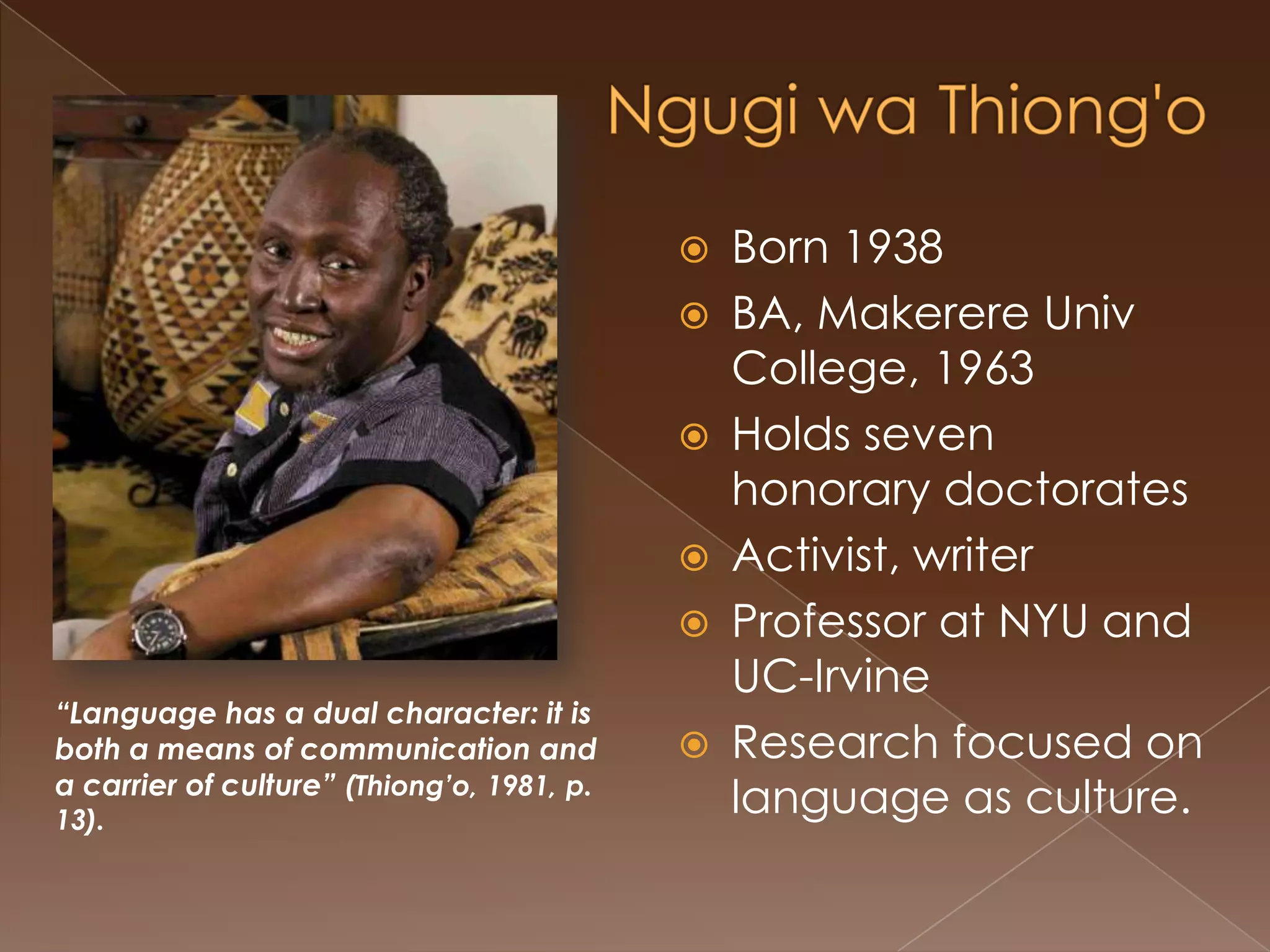 Cornel WestBorn 1953BA, Harvard, 1973PhD, Princeton, 1980Activist, Scholar, Writer Formerly professor at Harvard (1994-2001); Currently at PrincetonResearch focused on philosophy and  scholarship in African-American Studies (cultural awareness and expression)www.cornelwest.com“…we must never lose sight of what some of the silences are in the work of [others] especially as those silences related to issues of class, gender, race and empire. Why? Because [these] are fundamental categories [we] must use in order to understand the predicament of [people of color]” (West in hooks, 1991).