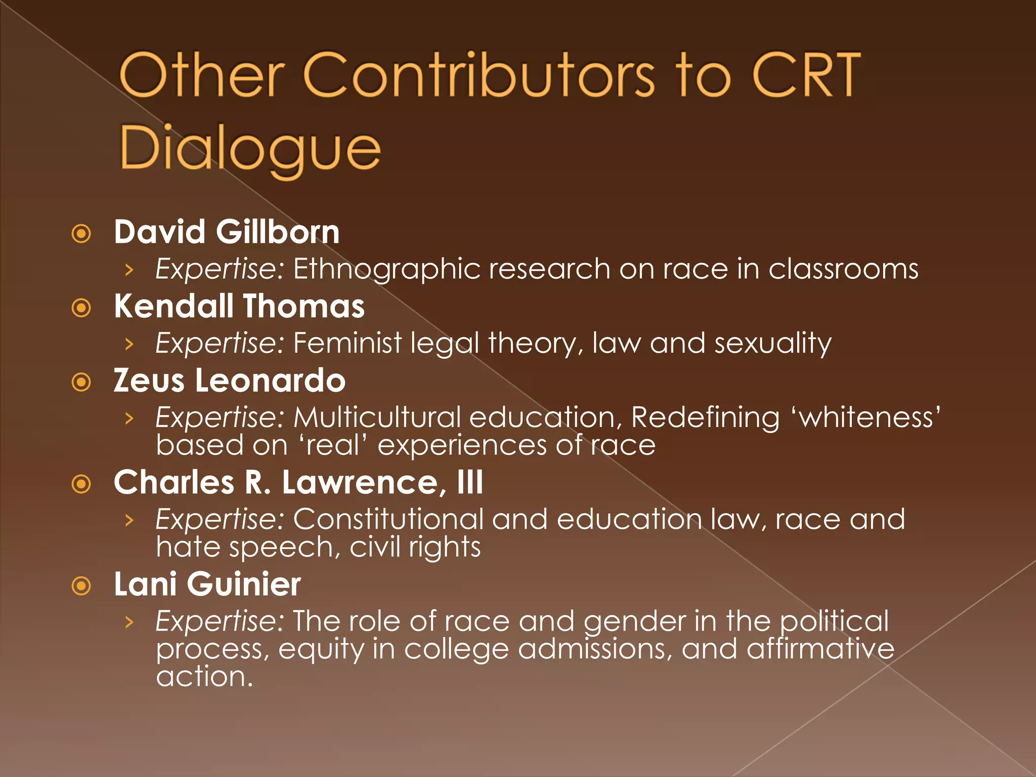 bell hooksBorn 1952BA, Stanford, 1973MA, UWM, 1976DL, UC-SC, 1983Professor, activist, scholarResearch focused on feminist consciousness, cultural critiques and culture’s impact on identity, politics & community“"When... people [of color] come together to celebrate... we do not do so to exclude or to separate, but to participate more fully in a world community“ (hooks, 1991).