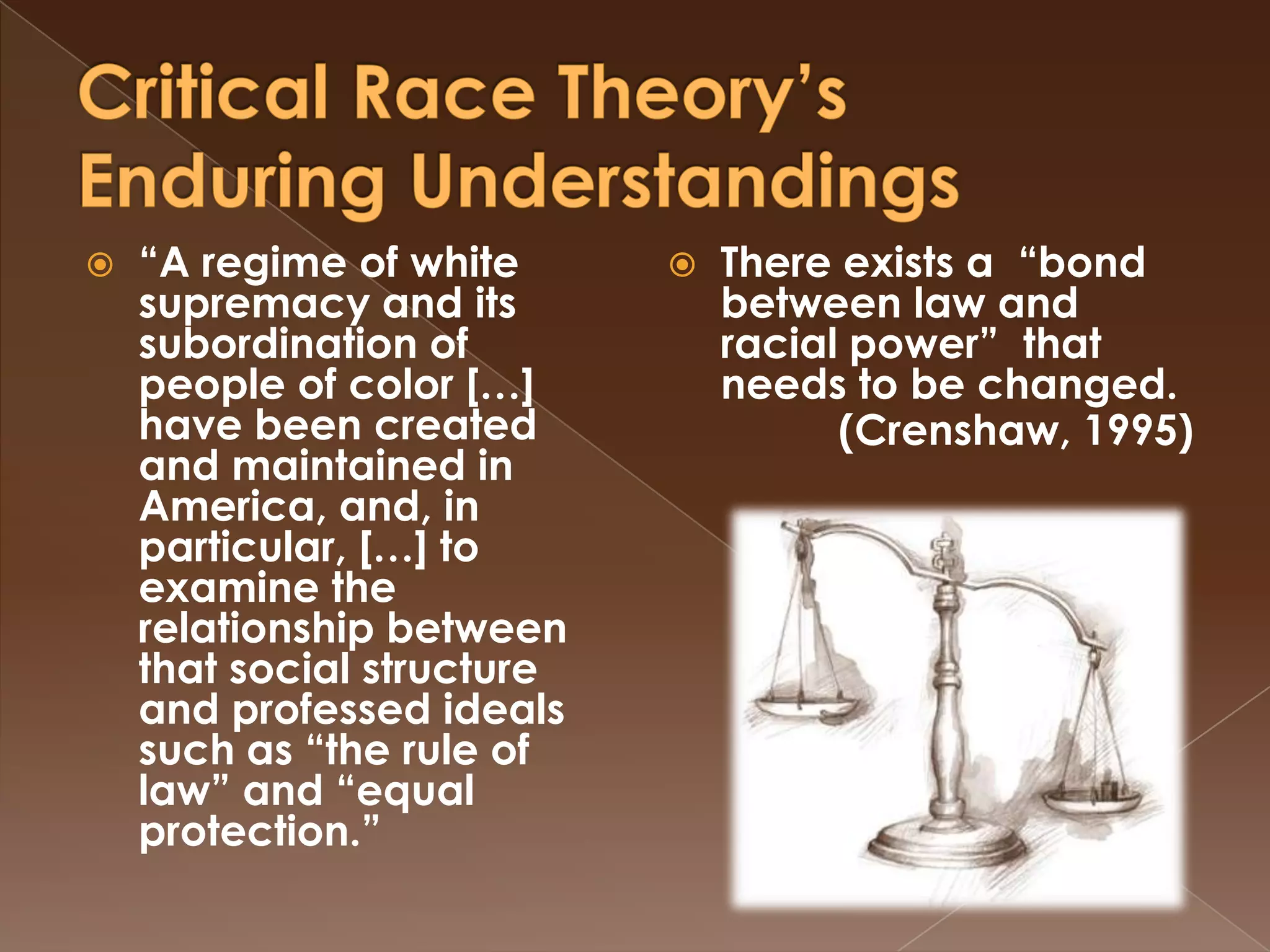 Critical Race Theory’sEnduring Understandings“A regime of white supremacy and its subordination of people of color […] have been created and maintained in America, and, in particular, […] to examine the relationship between that social structure and professed ideals such as “the rule of law” and “equal protection.”There exists a  “bond between law and racial power”  that needs to be changed.(Crenshaw, 1995)