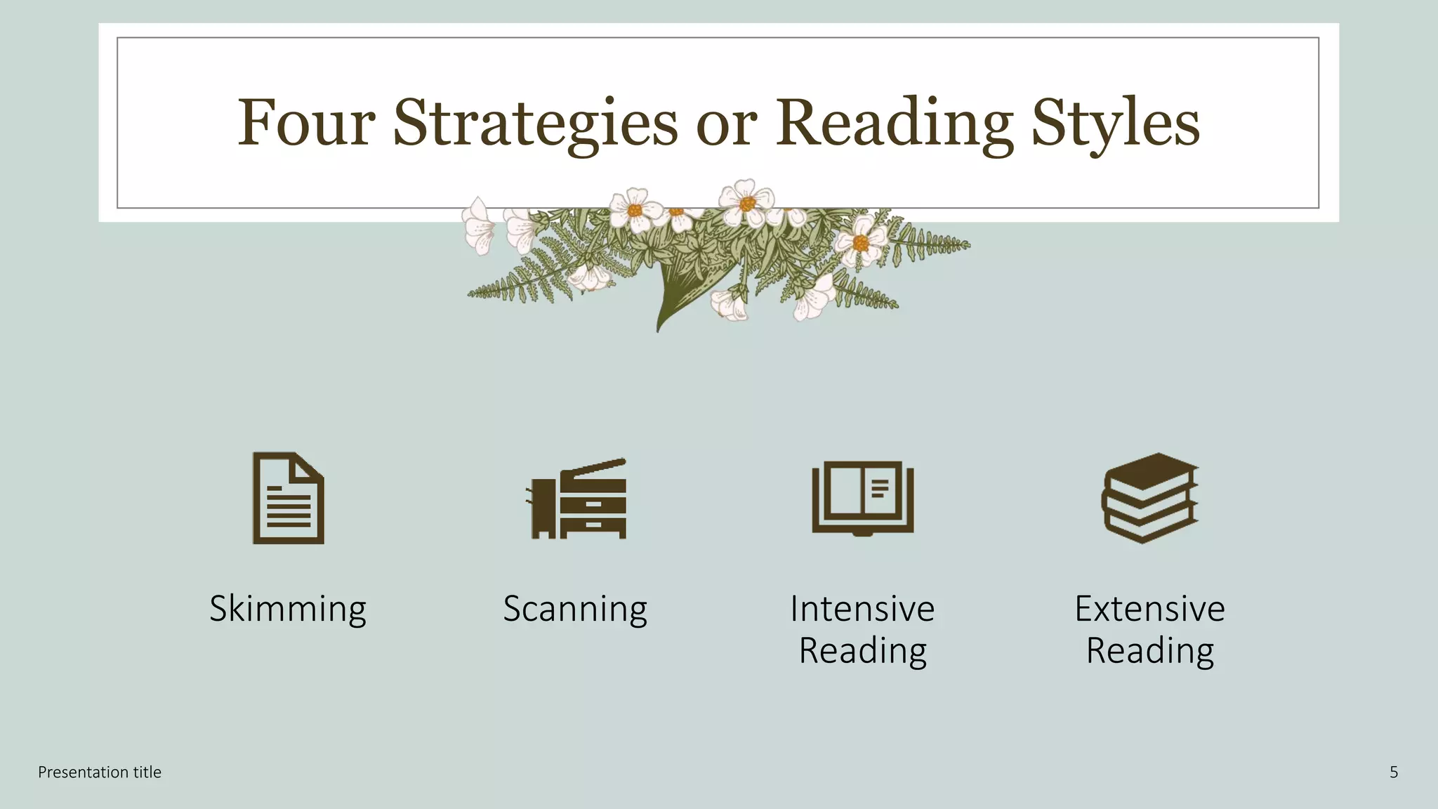 Four Strategies or Reading Styles
Presentation title 5
Skimming Scanning Intensive
Reading
Extensive
Reading
 