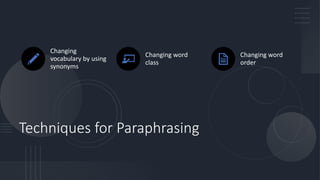 Techniques for Paraphrasing
Changing
vocabulary by using
synonyms
Changing word
class
Changing word
order
 