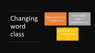 Changing
word
class
explanation (n.)
> explain (v.)
mechanical
(adj.) >
mechanise (v.)
proﬁtable (adj.)
> proﬁtability
(n.)
 