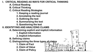 I. CRITICAL READING AS WAYS FOR CRITICAL THINKING
A. Critical Reading
B. Critical Thinking
C. Critical Reading Strategies
1. Keeping a reading journal
2. Annotating the text
3. Outlining the text
4. Summarizing the text
5. Questioning the text
II. IDENTIFYING AND ANALYZING CLAIMS
A. Determining explicit and implicit information
1. Explicit Information
2. Implicit Information
B. Defining claims
C. Distinguishing the three types of claims
1. Claim of Fact
2. Claim of Value
3. Claim of Policy
 