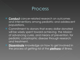 Conduct  cancer-related research on outcomes and interventions among pediatric and adolescent populations. Commitment to donors that every dollar donated will be wisely spent toward achieving  the Mission of advancing cures, and means of prevention, for pediatric catastrophic disease through research and treatment. Disseminate  knowledge on how to get involved in the process of getting rid of the  plethora  of illness. 