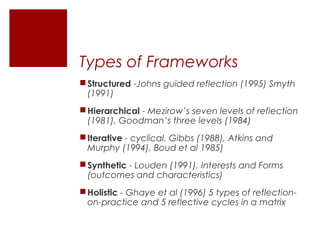 Types of Frameworks
 Structured -Johns guided reflection (1995) Smyth
  (1991)
 Hierarchical - Mezirow’s seven levels of reflection
  (1981), Goodman’s three levels (1984)
 Iterative - cyclical, Gibbs (1988), Atkins and
  Murphy (1994), Boud et al 1985)
 Synthetic - Louden (1991), Interests and Forms
  (outcomes and characteristics)
 Holistic - Ghaye et al (1996) 5 types of reflection-
  on-practice and 5 reflective cycles in a matrix
 