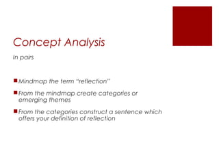 Concept Analysis
In pairs


 Mindmap the term “reflection”
 From the mindmap create categories or
  emerging themes
 From the categories construct a sentence which
  offers your definition of reflection
 