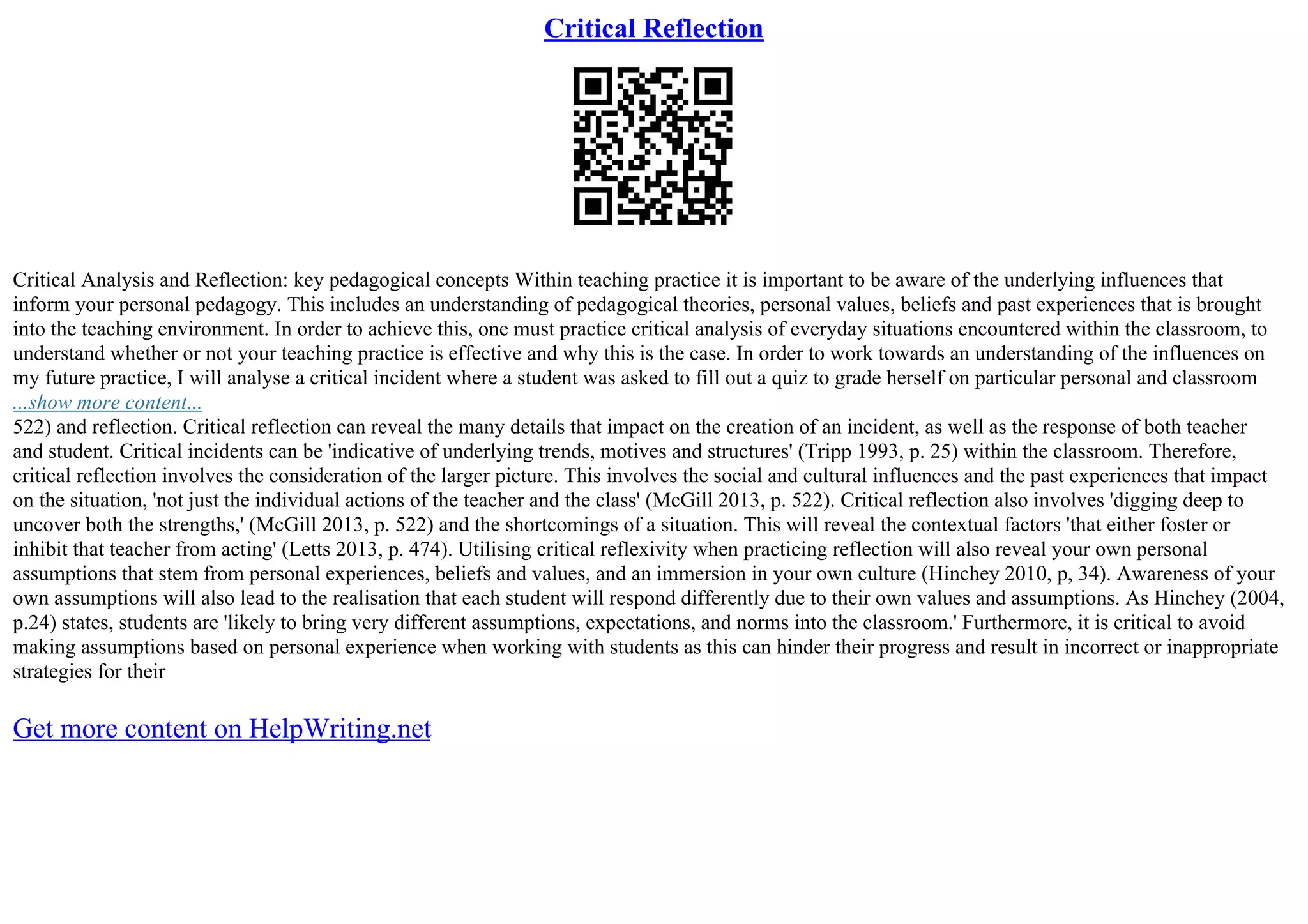 Critical Reflection In Nursing | PDF