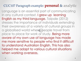 CUC107 Paragraph example: personal & analytic 
Language is an essential part of communicating 
in any cultural context. I grew up learning 
English as my third language. Taipale (2012) 
stresses the importance of individuals extending 
their awareness of a variety of cultural groups in 
a globalised world where people travel from 
place to place for work or study. Being more 
aware of my own use of language has made 
me more sensitive to people who find it difficult 
to understand Australian English. This has also 
helped me adapt to various cultural situations 
when working overseas. 
 