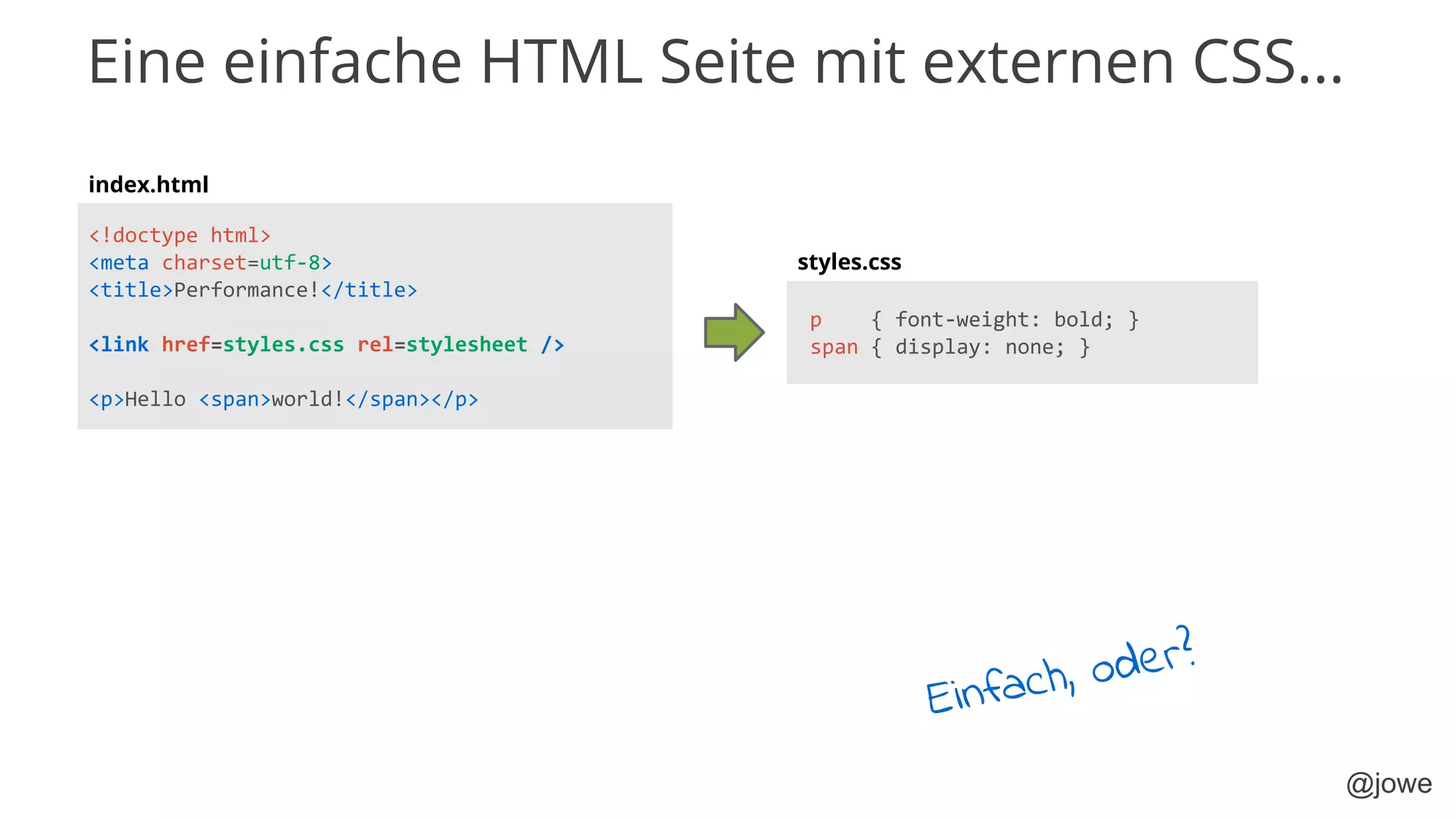 @jowe
<!doctype html>
<meta charset=utf-8>
<title>Performance!</title>
<link href=styles.css rel=stylesheet />
<p>Hello <span>world!</span></p>
p { font-weight: bold; }
span { display: none; }
index.html
styles.css
Einfach, oder?
Eine einfache HTML Seite mit externen CSS...
 